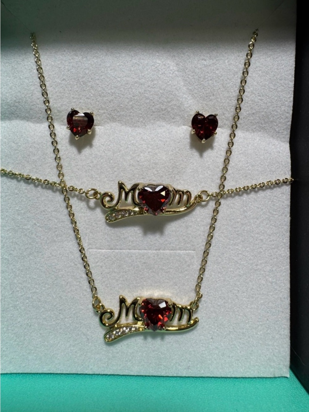 Gold 'Mom' Heart Necklace & Stud Earrings Set with Red Stones